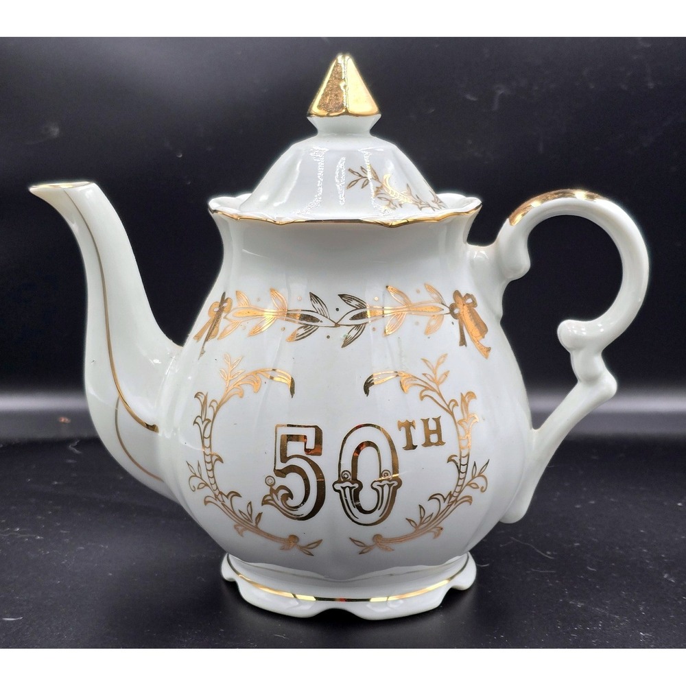50th Anniversary White‎ Gold Vintage Lefton Teapot Elegant Collectible #4933